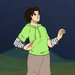 A teenage Asian male with black hair and brown eyes, in a grassy landscape at night. He wears a bright green short-sleeved hoodie, beige pants, a leather braid bracelet, and has bandages around his arms. He is looking up in fear and surprise.
