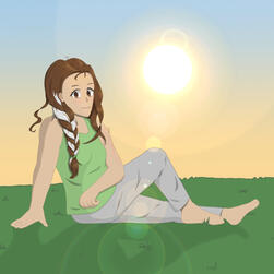 Drawing of a South American female with dark brown eyes, and brown hair in a braid with a white streak, sitting on the ground.