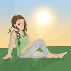 A South American female with dark brown eyes, and brown hair in a braid with a white streak, sitting in grass at sunrise.