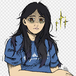 Drawing of a teenage Asian female looking both ragged and sleep-deprived, with several sparkling embellishments.