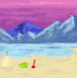 A painted surrealist landscape, with purple and pink skies and mountains in the background of an abandoned beach on a lake. There is a sand tower, bucket, and shovel left in the sand, but no people are in sight.