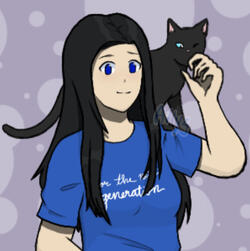 Drawing of a teenage Asian female with black hair and cobalt eyes on a purple background. There is a black cat on her left shoulder, and she wears a blue t-shirt with the words "for the next generation" written on it in white.