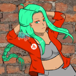 Drawing of a dark-skinned teenage female with bright green hair tied into a braid with bangs, bright green eyes, a ripped red coat with a flame badge, a grey top, and grey sweatpants on a brick background.