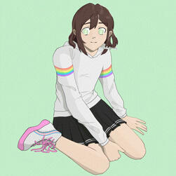A white female teenager with short brown hair and green eyes W sitting on the ground. She is wearing a white hoodie with rainbow arm stripes, a pleated black skirt, and transgender-themed sneakers.