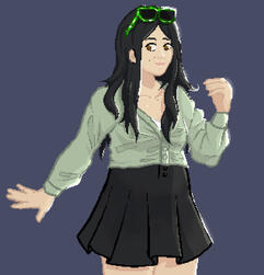 Self portrait of a teenage Asian female with mid-length black hair, brown eyes, a green satin top, a black skirt, and green Minecraft-themed sunglasses.