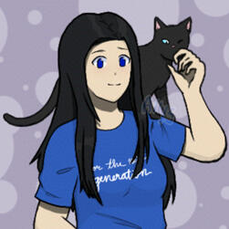 A teenage Asian female with black hair and cobalt eyes on a purple background. There is a black cat on her left shoulder, and she wears a blue t-shirt with the words "for the next generation" written on it in white.