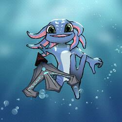 A drawing of Fizz, a sea creature champion from League of Legends, in an ocean environment. His body is shaped like that of an axolotl's, with several scars and white camouflage spots on his skin. He is throwing a trident at the reader.