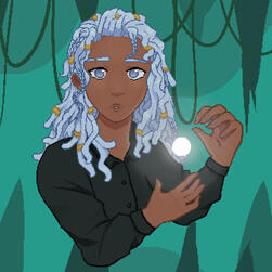 A Black female with light blue hair, light blue eyes, and a dark green button shirt holding a glowing orb of light on a cave background.