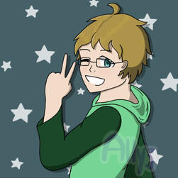 Drawing of a white male with a salute and a grin. He has blonde hair, green eyes, a green hoodie, and glasses.
