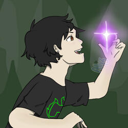 Side drawing of a Japanese teenager with black hair, brown eyes, and a black tshirt w/ a green logo. He is holding a purple glow