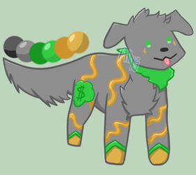 Drawing of a grey dog with a green bandana and green dollar sign on its back leg. It has gold stripes, green eyes, and gold paws