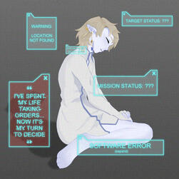 A kneeling male humanoid alien with blue-tinted skin, light blond hair, and a ceremonial white robe. He is surrounded by various error messages signifying failure and independence.