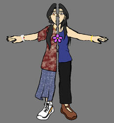 Self portrait drawing of a young adult Asian female split into two. One half is dressed in loose patterned clothes, while the other half is in athletic dance wear. The woman is spreading her arms out on display.